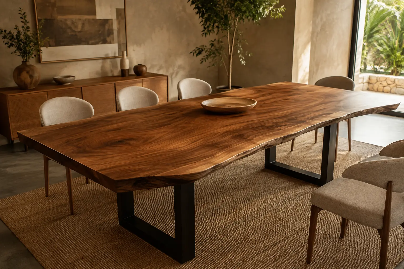 Mesa de madeira maciça com borda orgânica em sala de jantar contemporânea