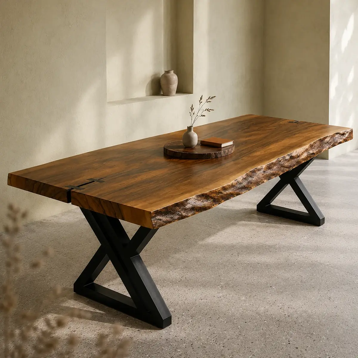 Mesa de jantar com tampo em prancha de madeira maciça e borda natural, sobre base metálica em X